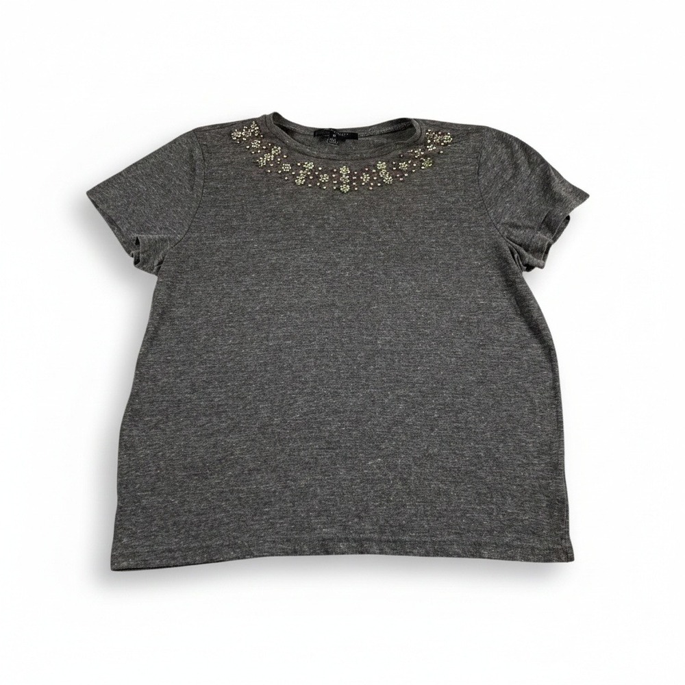 Romeo + Juliet Couture Womens Gray Embellished Neck Short Sleeve T-Shirt Medium
